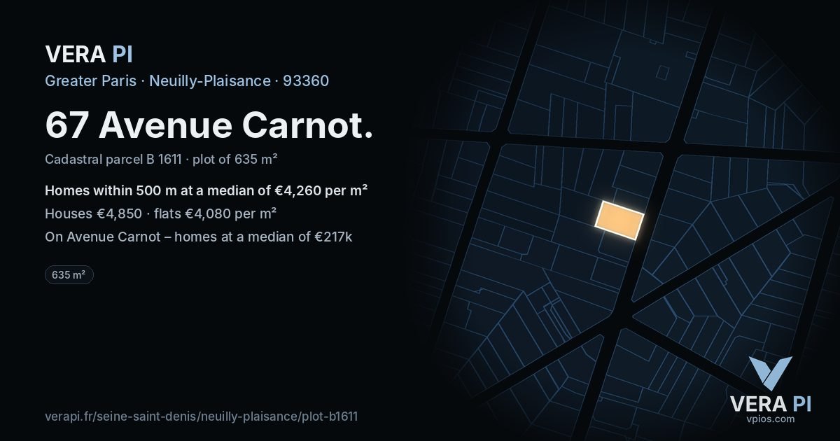 67 Avenue Carnot, Neuilly-Plaisance at night – the plot lit, the parcels around coloured by the prices near them