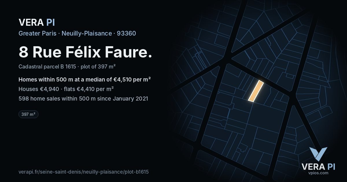 8 Rue Félix Faure, Neuilly-Plaisance at night – the plot lit, the parcels around coloured by the prices near them