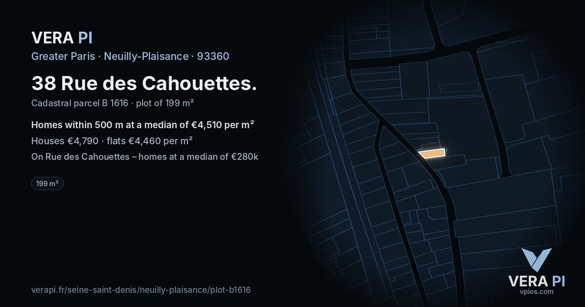 38 Rue des Cahouettes, Neuilly-Plaisance at night – the plot lit, the parcels around coloured by the prices near them