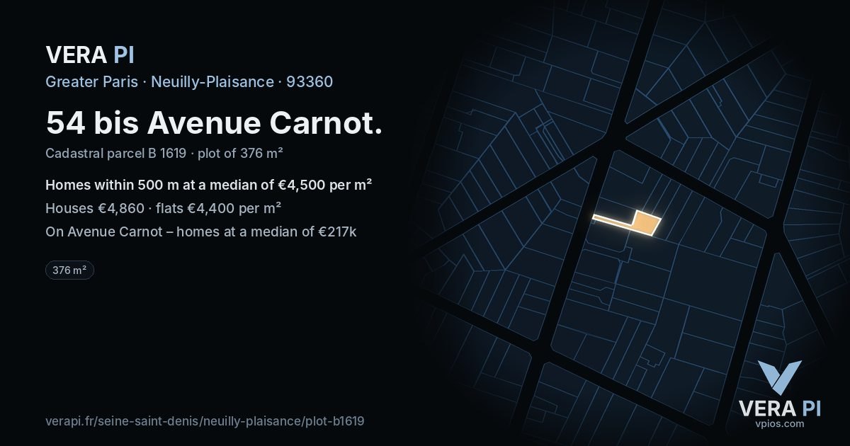 54 bis Avenue Carnot, Neuilly-Plaisance at night – the plot lit, the parcels around coloured by the prices near them