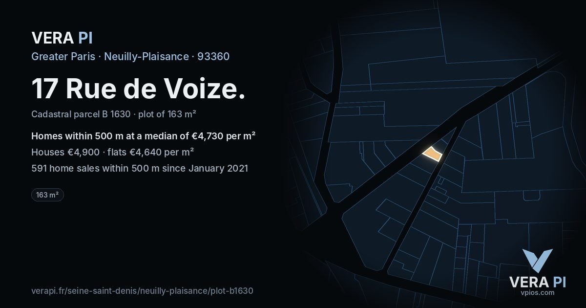 17 Rue de Voize, Neuilly-Plaisance at night – the plot lit, the parcels around coloured by the prices near them