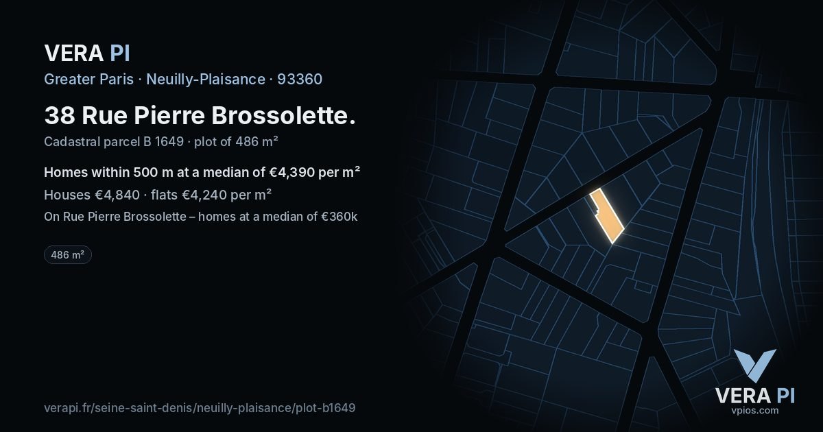 38 Rue Pierre Brossolette, Neuilly-Plaisance at night – the plot lit, the parcels around coloured by the prices near them