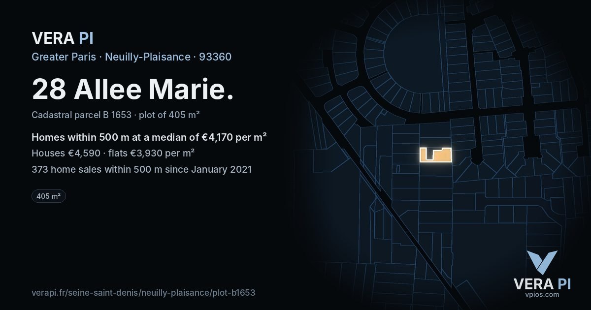28 Allee Marie, Neuilly-Plaisance at night – the plot lit, the parcels around coloured by the prices near them