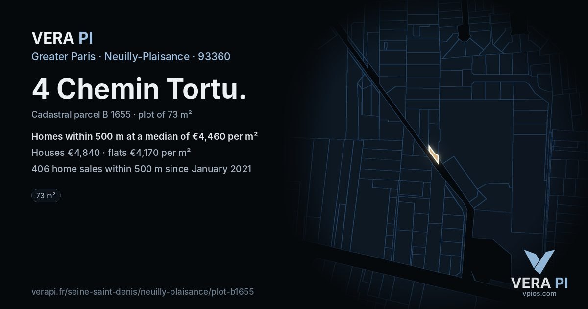 4 Chemin Tortu, Neuilly-Plaisance at night – the plot lit, the parcels around coloured by the prices near them