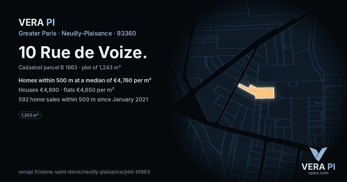 10 Rue de Voize, Neuilly-Plaisance at night – the plot lit, the parcels around coloured by the prices near them
