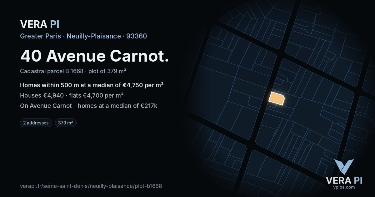 40 Avenue Carnot, Neuilly-Plaisance at night – the plot lit, the parcels around coloured by the prices near them