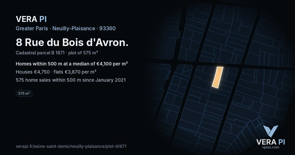 8 Rue du Bois d'Avron, Neuilly-Plaisance at night – the plot lit, the parcels around coloured by the prices near them
