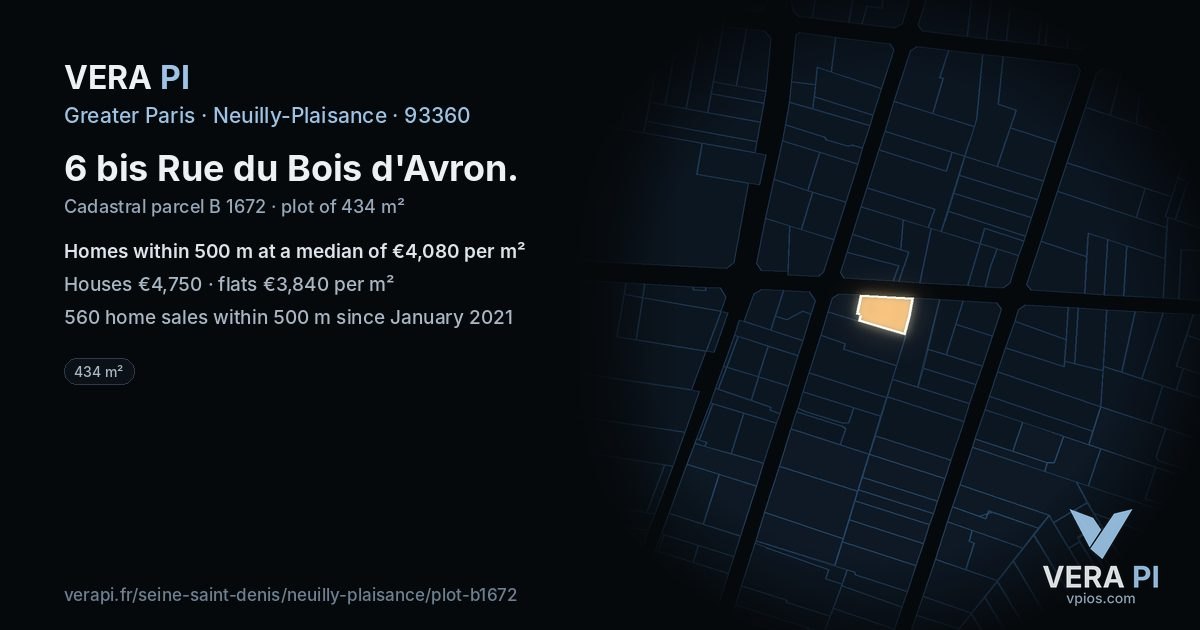 6 bis Rue du Bois d'Avron, Neuilly-Plaisance at night – the plot lit, the parcels around coloured by the prices near them
