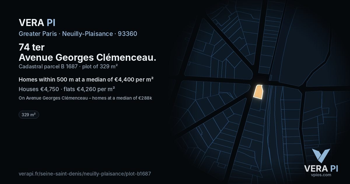 74 ter Avenue Georges Clémenceau, Neuilly-Plaisance at night – the plot lit, the parcels around coloured by the prices near them