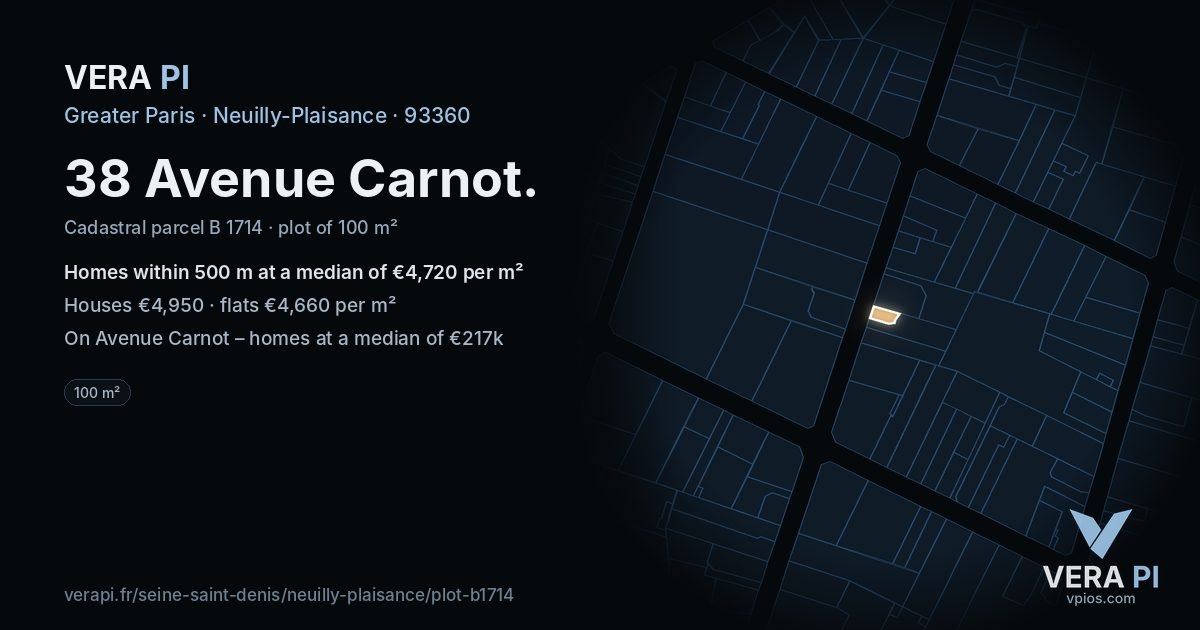 38 Avenue Carnot, Neuilly-Plaisance at night – the plot lit, the parcels around coloured by the prices near them