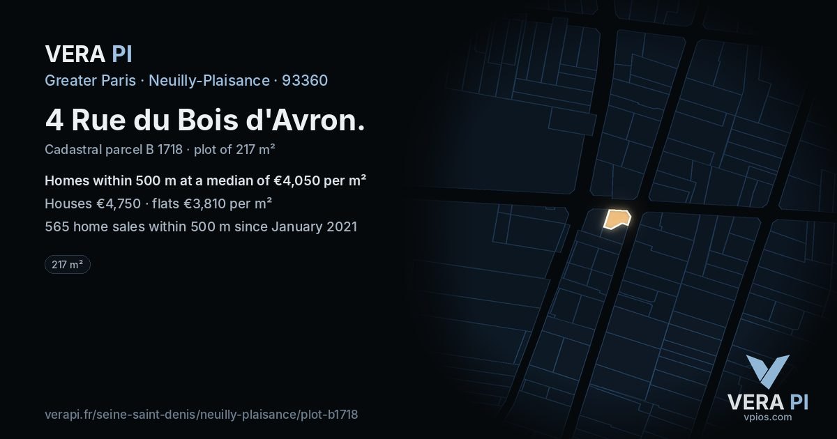 4 Rue du Bois d'Avron, Neuilly-Plaisance at night – the plot lit, the parcels around coloured by the prices near them