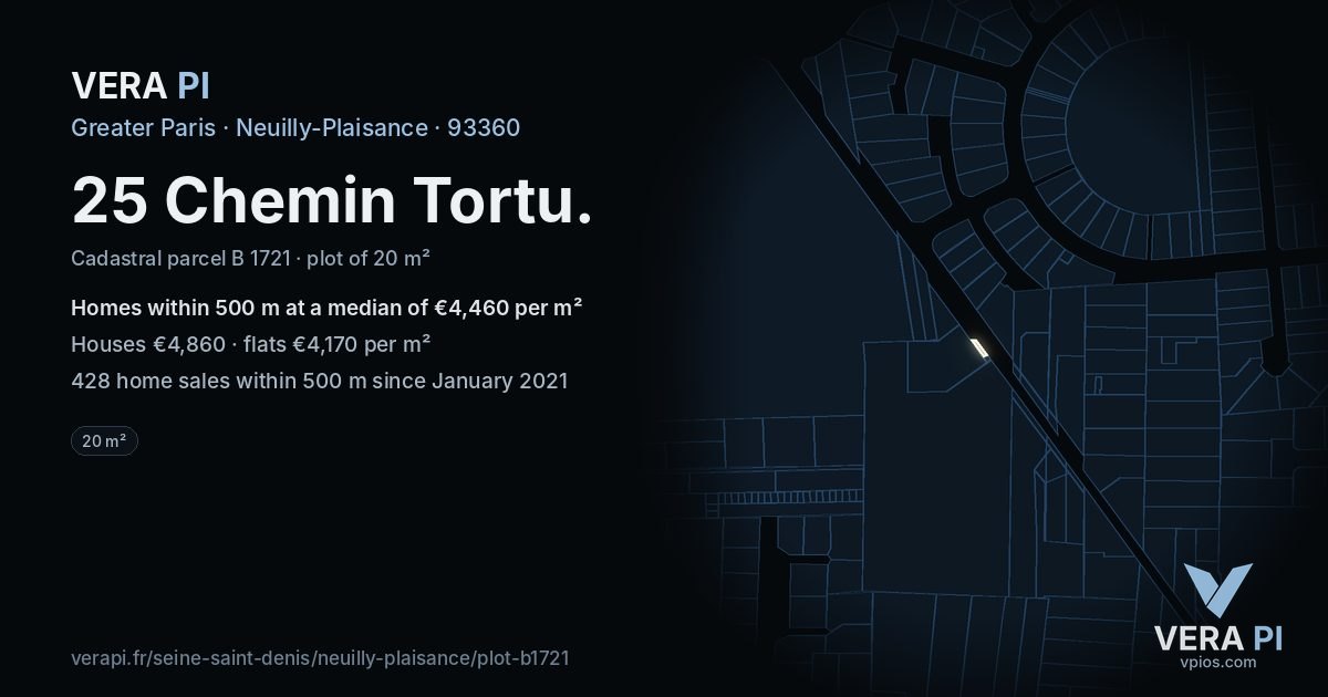 25 Chemin Tortu, Neuilly-Plaisance at night – the plot lit, the parcels around coloured by the prices near them