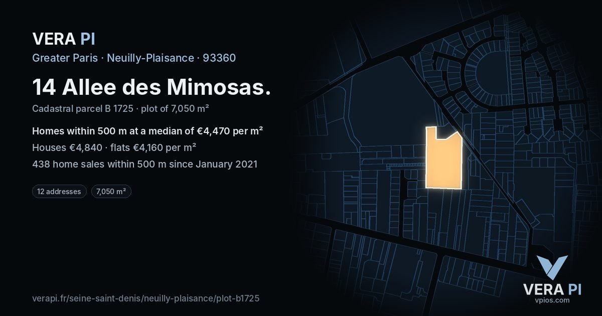 14 Allee des Mimosas, Neuilly-Plaisance at night – the plot lit, the parcels around coloured by the prices near them