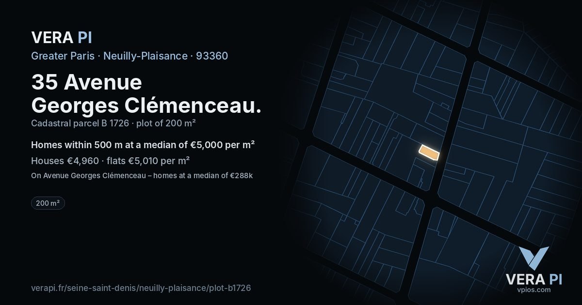 35 Avenue Georges Clémenceau, Neuilly-Plaisance at night – the plot lit, the parcels around coloured by the prices near them