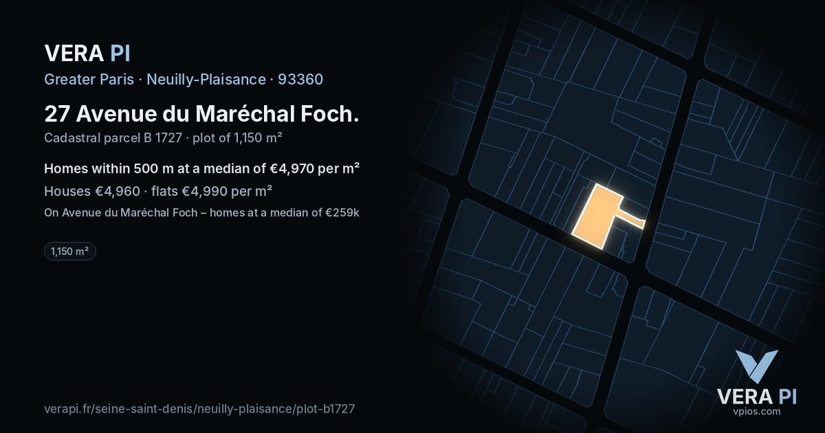 27 Avenue du Maréchal Foch, Neuilly-Plaisance at night – the plot lit, the parcels around coloured by the prices near them
