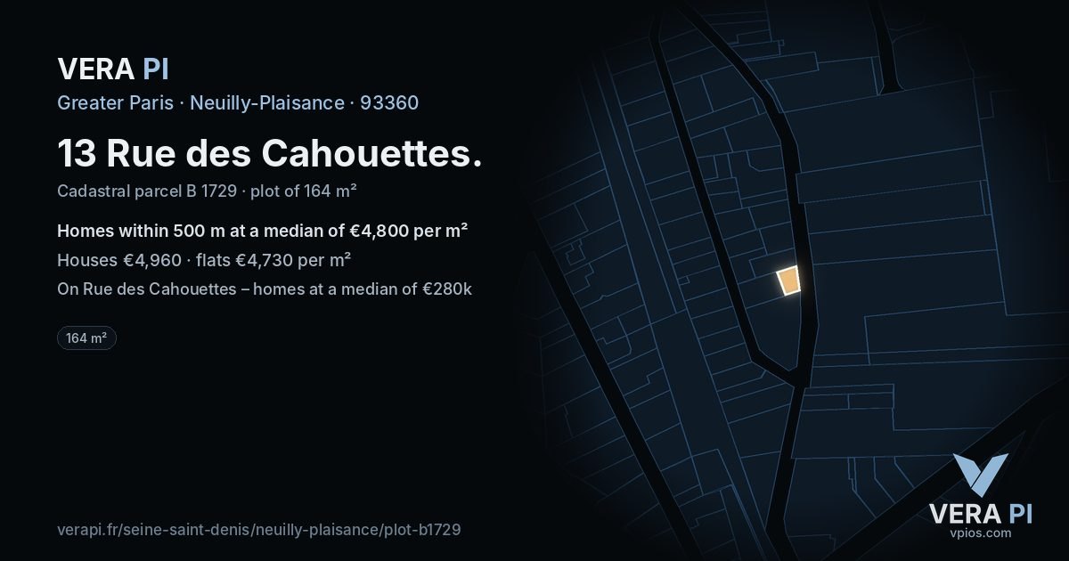13 Rue des Cahouettes, Neuilly-Plaisance at night – the plot lit, the parcels around coloured by the prices near them