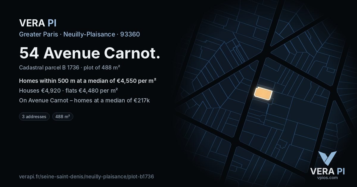 54 Avenue Carnot, Neuilly-Plaisance at night – the plot lit, the parcels around coloured by the prices near them
