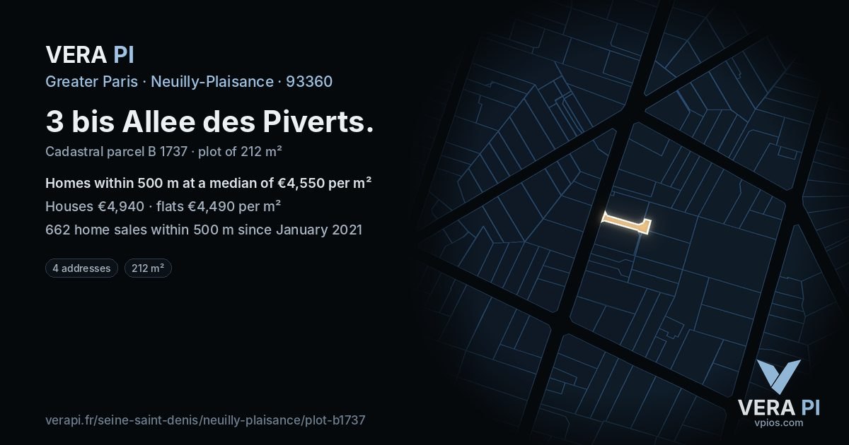 3 bis Allee des Piverts, Neuilly-Plaisance at night – the plot lit, the parcels around coloured by the prices near them