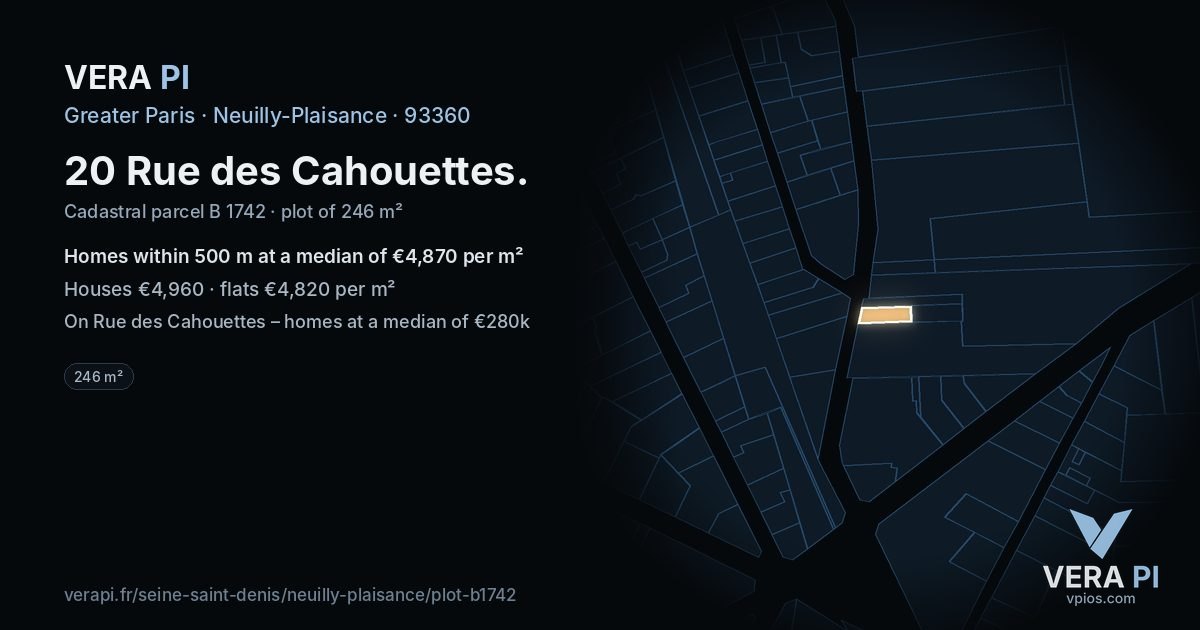 20 Rue des Cahouettes, Neuilly-Plaisance at night – the plot lit, the parcels around coloured by the prices near them