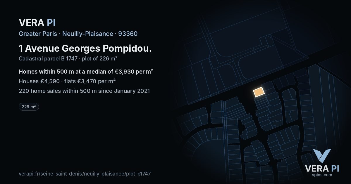 1 Avenue Georges Pompidou, Neuilly-Plaisance at night – the plot lit, the parcels around coloured by the prices near them