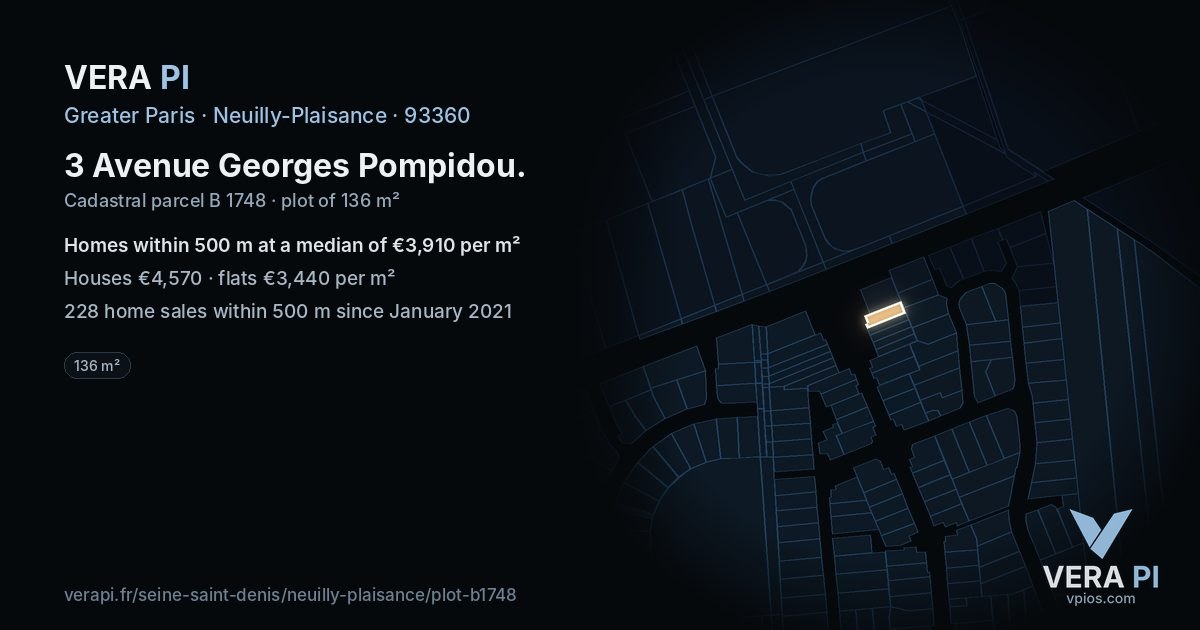 3 Avenue Georges Pompidou, Neuilly-Plaisance at night – the plot lit, the parcels around coloured by the prices near them