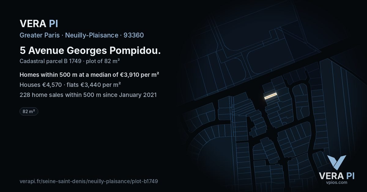 5 Avenue Georges Pompidou, Neuilly-Plaisance at night – the plot lit, the parcels around coloured by the prices near them