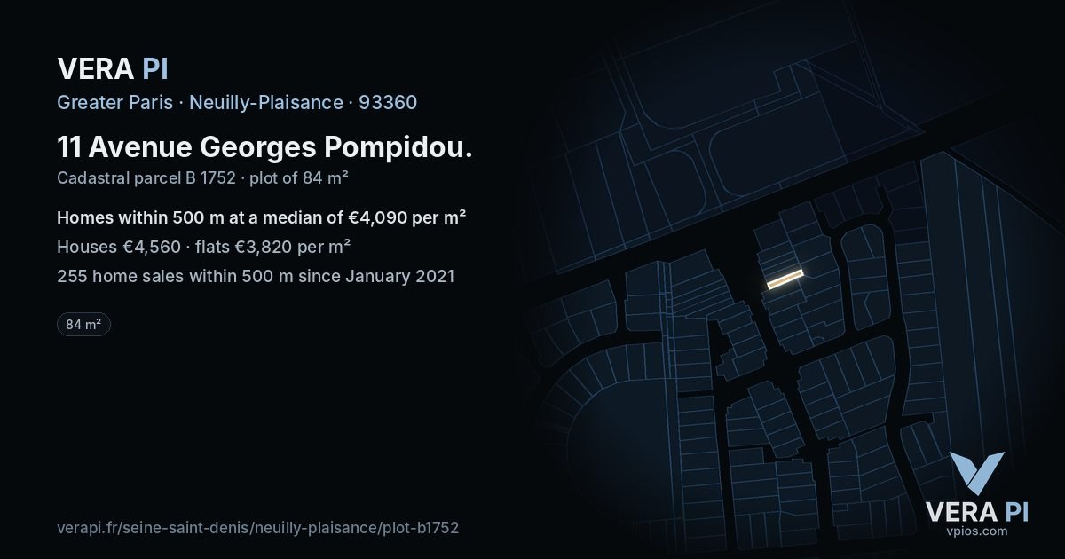 11 Avenue Georges Pompidou, Neuilly-Plaisance at night – the plot lit, the parcels around coloured by the prices near them