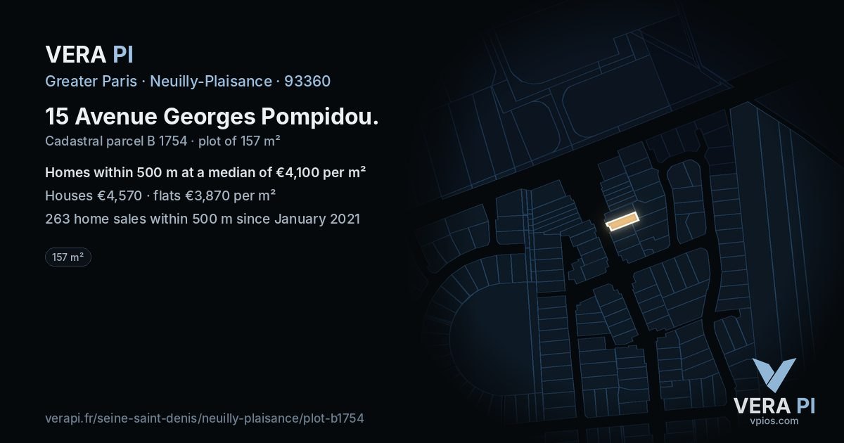 15 Avenue Georges Pompidou, Neuilly-Plaisance at night – the plot lit, the parcels around coloured by the prices near them