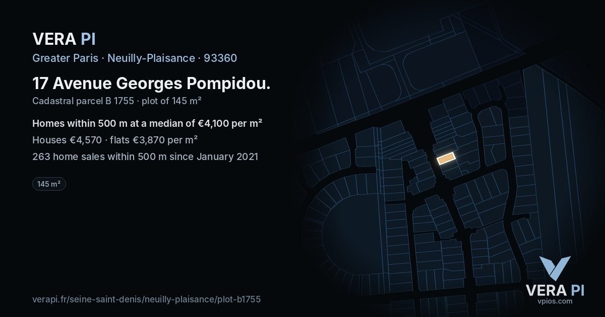 17 Avenue Georges Pompidou, Neuilly-Plaisance at night – the plot lit, the parcels around coloured by the prices near them