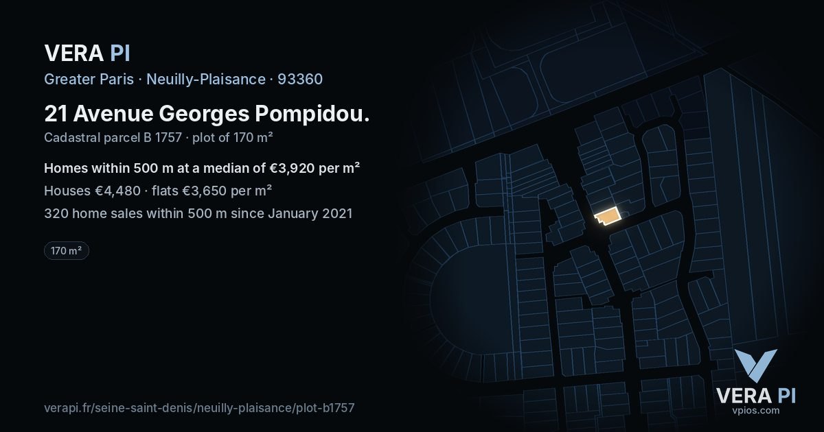 21 Avenue Georges Pompidou, Neuilly-Plaisance at night – the plot lit, the parcels around coloured by the prices near them