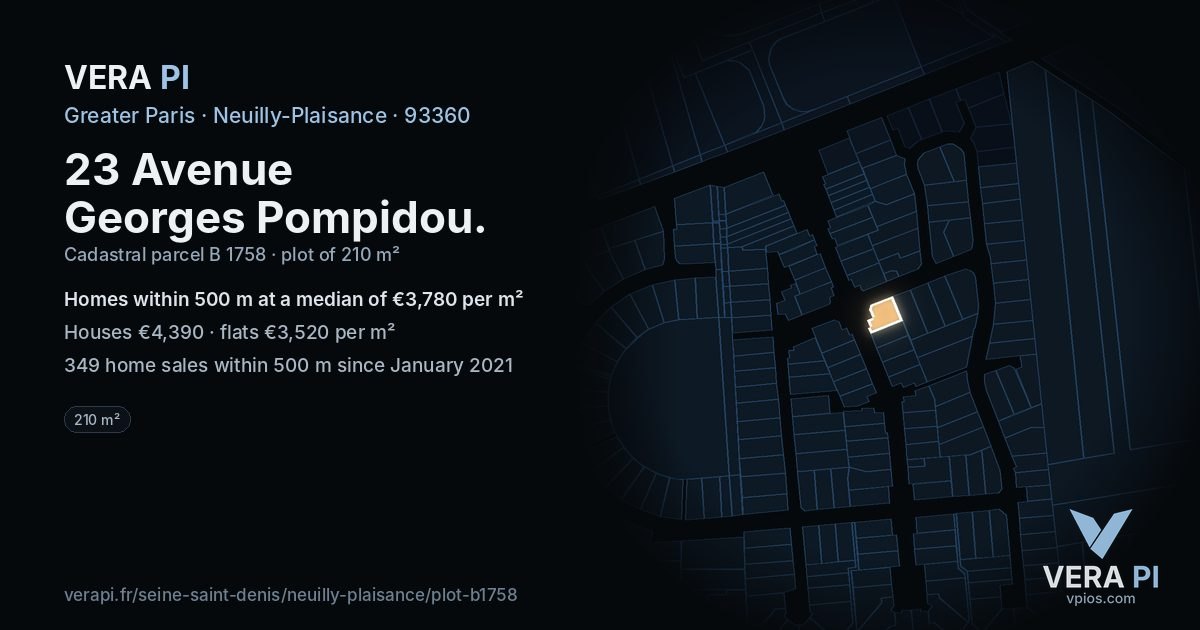23 Avenue Georges Pompidou, Neuilly-Plaisance at night – the plot lit, the parcels around coloured by the prices near them