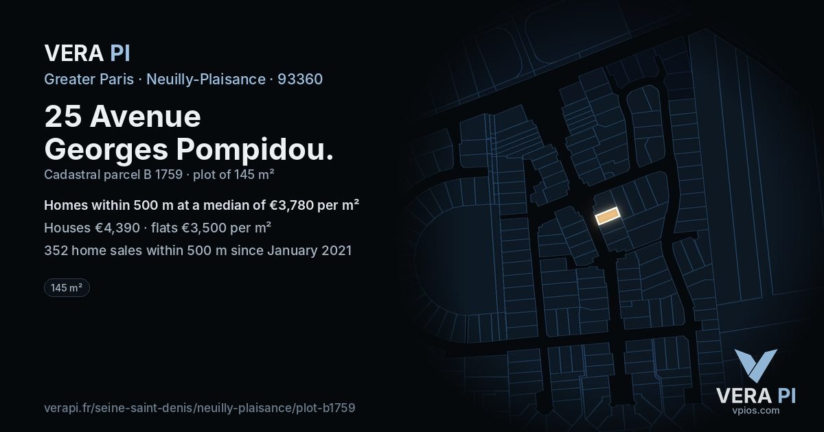 25 Avenue Georges Pompidou, Neuilly-Plaisance at night – the plot lit, the parcels around coloured by the prices near them