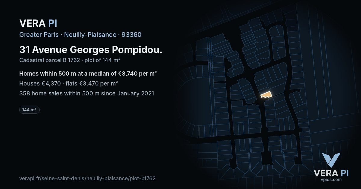 31 Avenue Georges Pompidou, Neuilly-Plaisance at night – the plot lit, the parcels around coloured by the prices near them