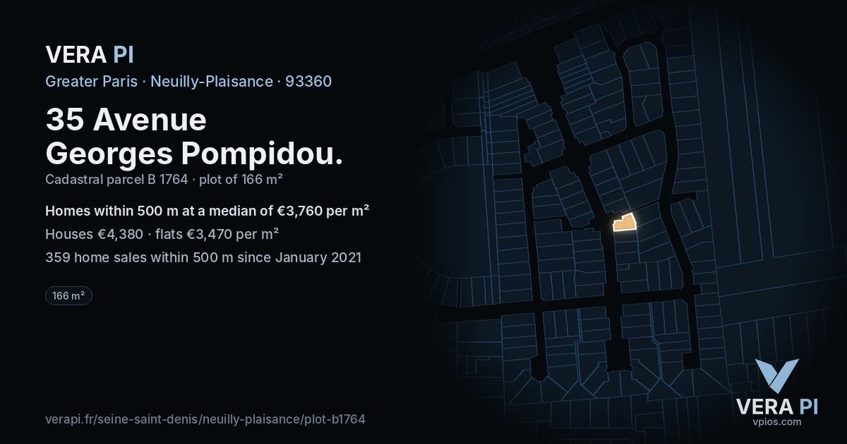 35 Avenue Georges Pompidou, Neuilly-Plaisance at night – the plot lit, the parcels around coloured by the prices near them