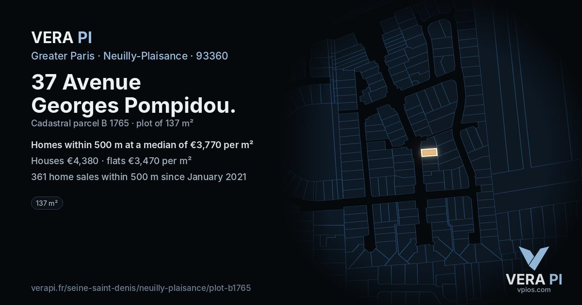 37 Avenue Georges Pompidou, Neuilly-Plaisance at night – the plot lit, the parcels around coloured by the prices near them