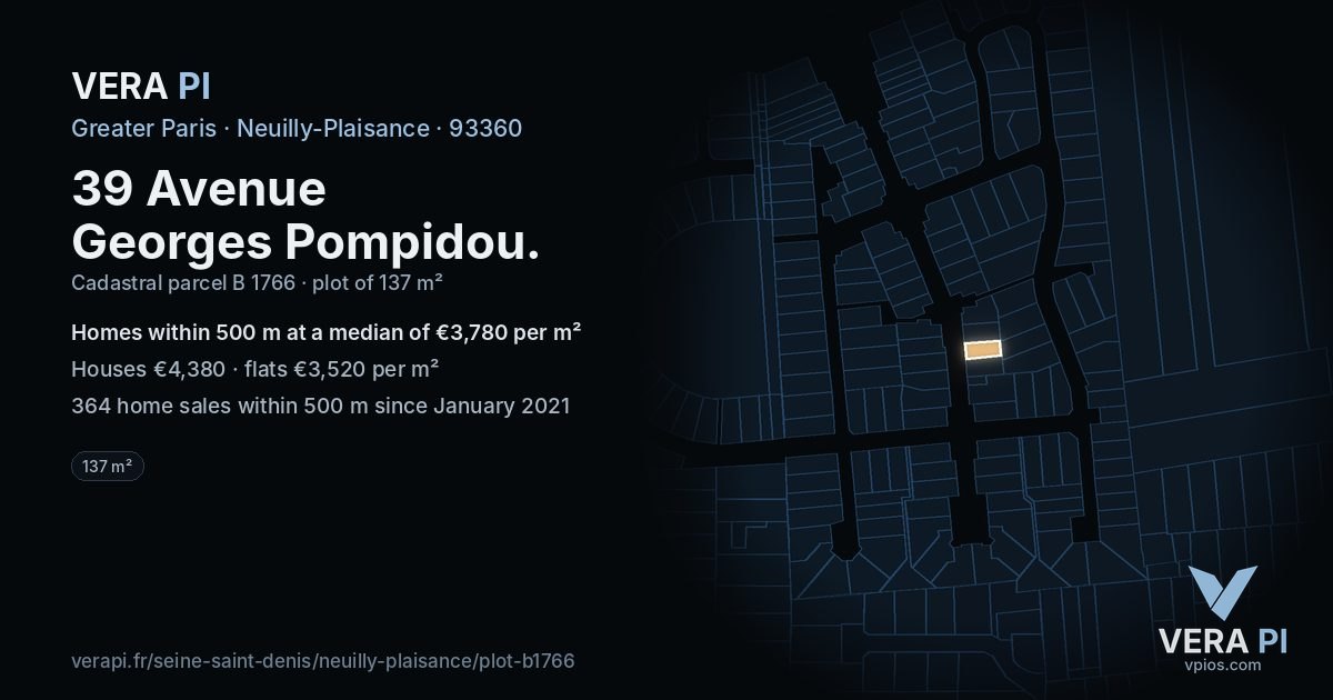 39 Avenue Georges Pompidou, Neuilly-Plaisance at night – the plot lit, the parcels around coloured by the prices near them
