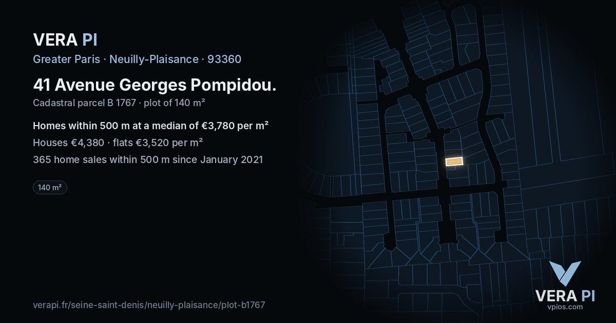 41 Avenue Georges Pompidou, Neuilly-Plaisance at night – the plot lit, the parcels around coloured by the prices near them