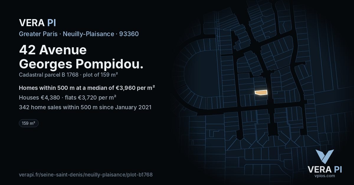 42 Avenue Georges Pompidou, Neuilly-Plaisance at night – the plot lit, the parcels around coloured by the prices near them
