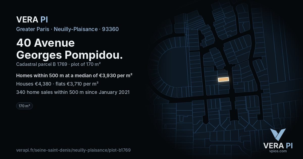 40 Avenue Georges Pompidou, Neuilly-Plaisance at night – the plot lit, the parcels around coloured by the prices near them