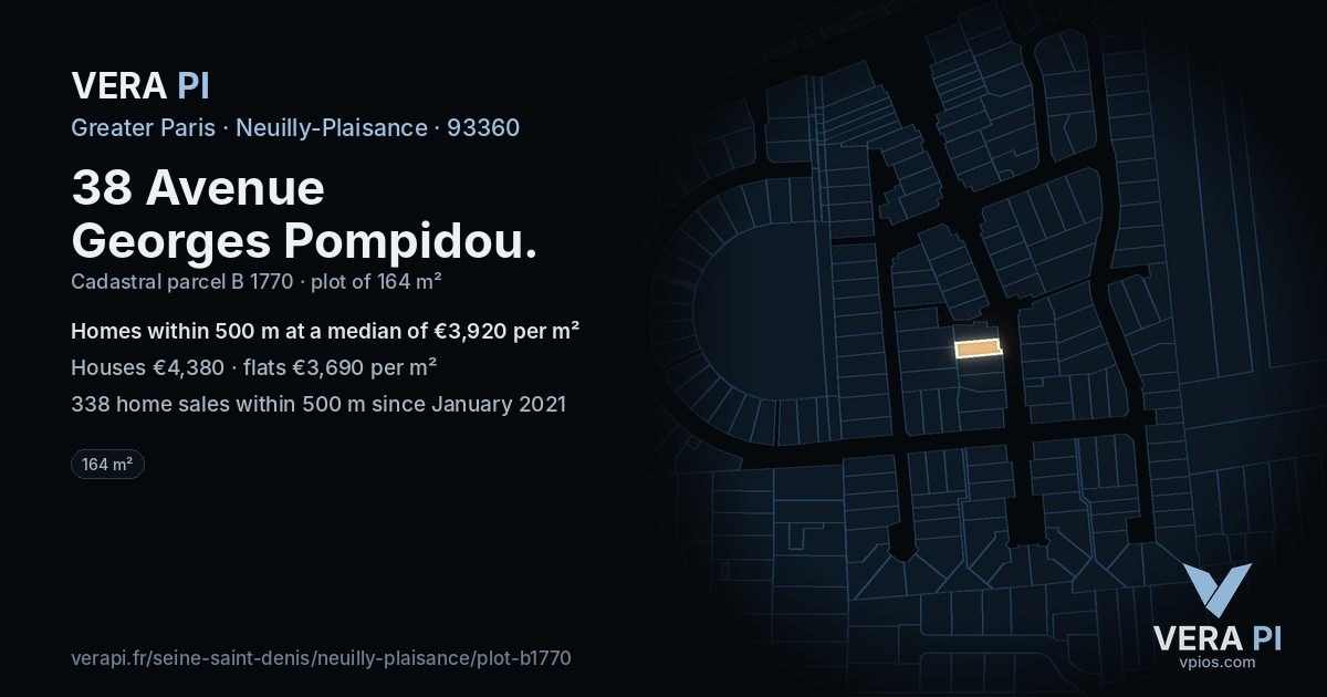 38 Avenue Georges Pompidou, Neuilly-Plaisance at night – the plot lit, the parcels around coloured by the prices near them