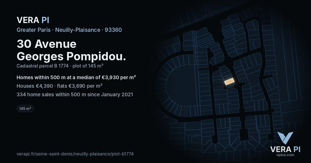 30 Avenue Georges Pompidou, Neuilly-Plaisance at night – the plot lit, the parcels around coloured by the prices near them