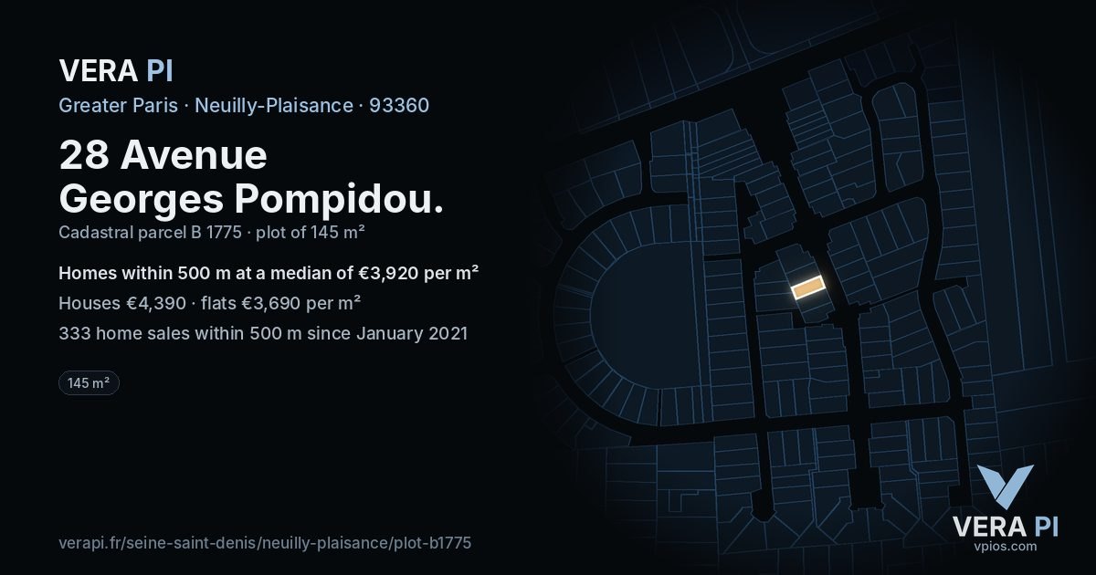 28 Avenue Georges Pompidou, Neuilly-Plaisance at night – the plot lit, the parcels around coloured by the prices near them