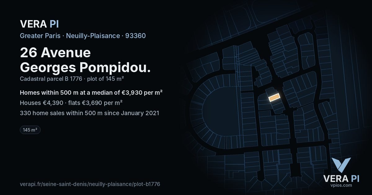 26 Avenue Georges Pompidou, Neuilly-Plaisance at night – the plot lit, the parcels around coloured by the prices near them