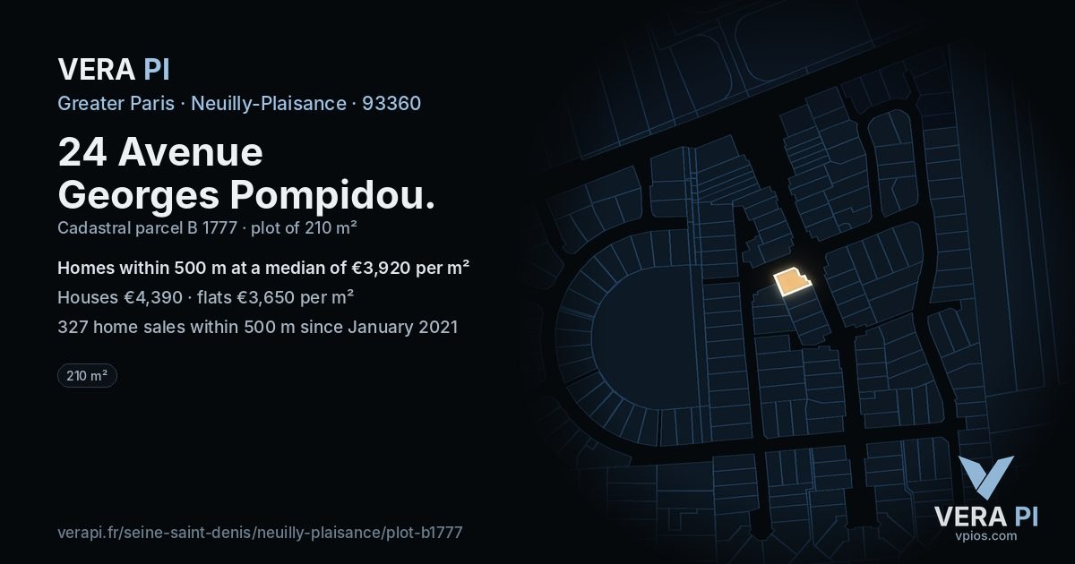 24 Avenue Georges Pompidou, Neuilly-Plaisance at night – the plot lit, the parcels around coloured by the prices near them