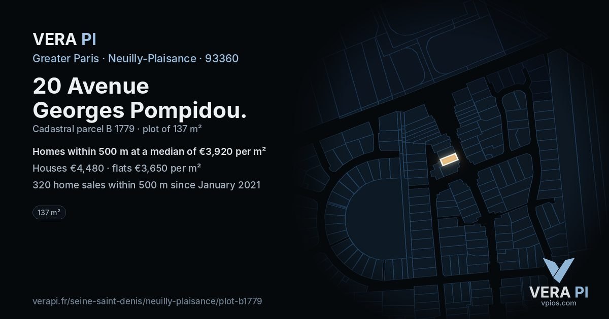 20 Avenue Georges Pompidou, Neuilly-Plaisance at night – the plot lit, the parcels around coloured by the prices near them