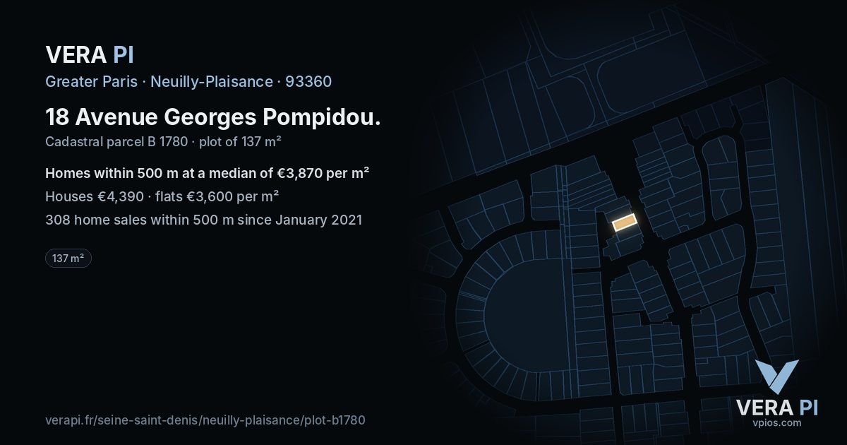 18 Avenue Georges Pompidou, Neuilly-Plaisance at night – the plot lit, the parcels around coloured by the prices near them