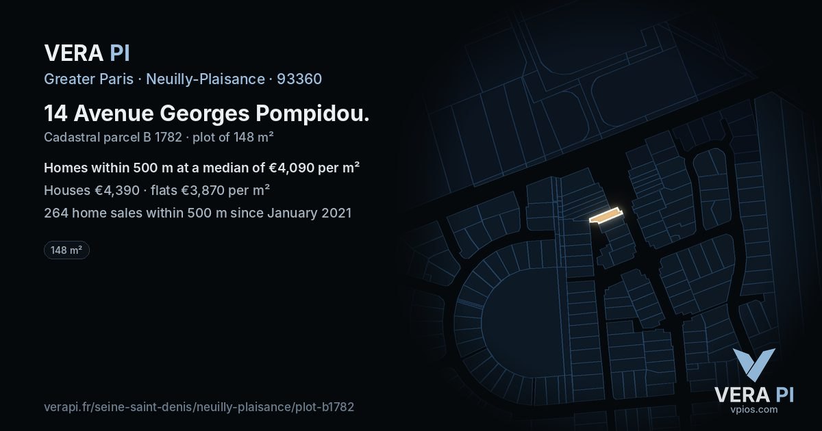 14 Avenue Georges Pompidou, Neuilly-Plaisance at night – the plot lit, the parcels around coloured by the prices near them