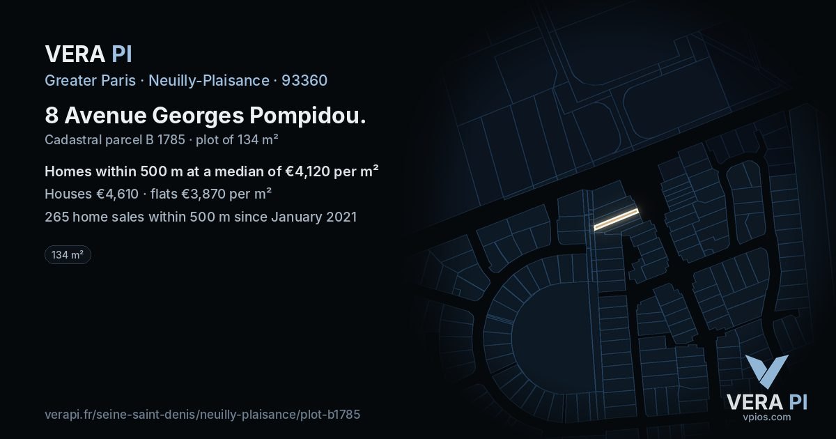 8 Avenue Georges Pompidou, Neuilly-Plaisance at night – the plot lit, the parcels around coloured by the prices near them