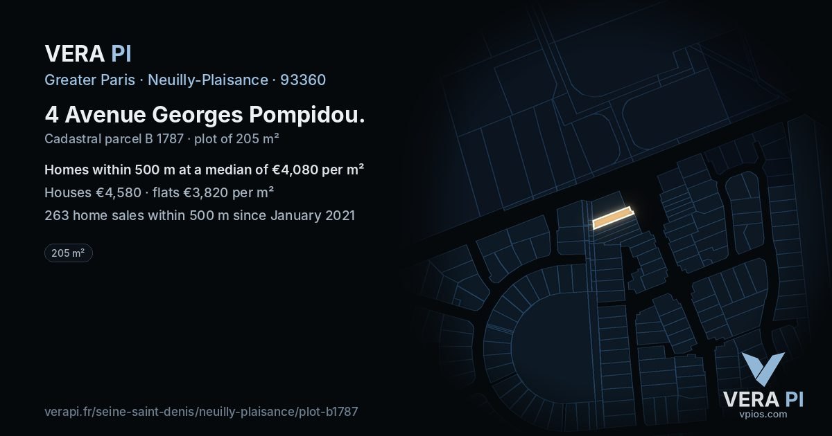 4 Avenue Georges Pompidou, Neuilly-Plaisance at night – the plot lit, the parcels around coloured by the prices near them