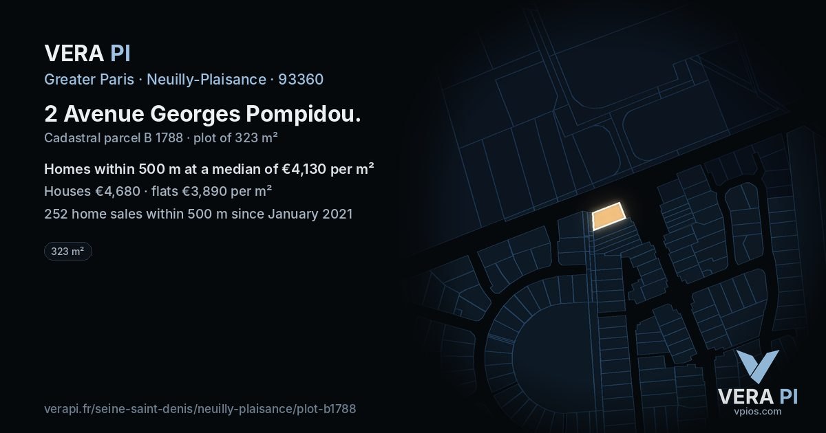 2 Avenue Georges Pompidou, Neuilly-Plaisance at night – the plot lit, the parcels around coloured by the prices near them